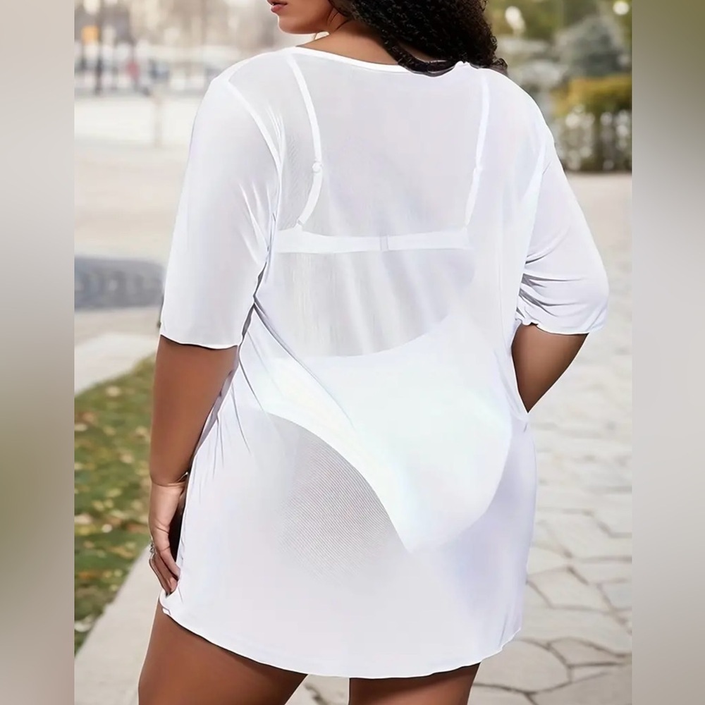 Plus Size White Side Slit Beach Cover Up Dress - Picture 3 of 4